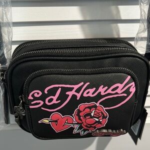 NWT Ed Hardy Black Small Three zipper Camera Crossbody bag.
